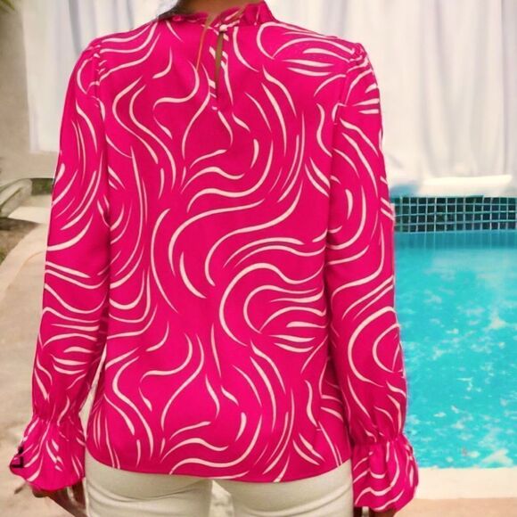 SHEIN NEW HOT PINK LUNE ALLOVER PRINT FLOUNCE SLEEVE FULL NECK BLOUSE TOP LARGE - Picture 3 of 6